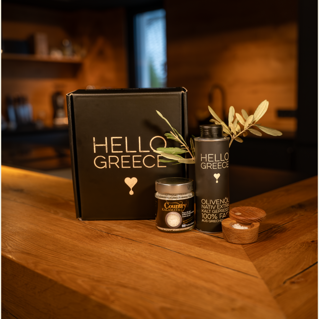 Hello Greece Geschenkbox: 0,25L Dose Olivenöl und Meersalz