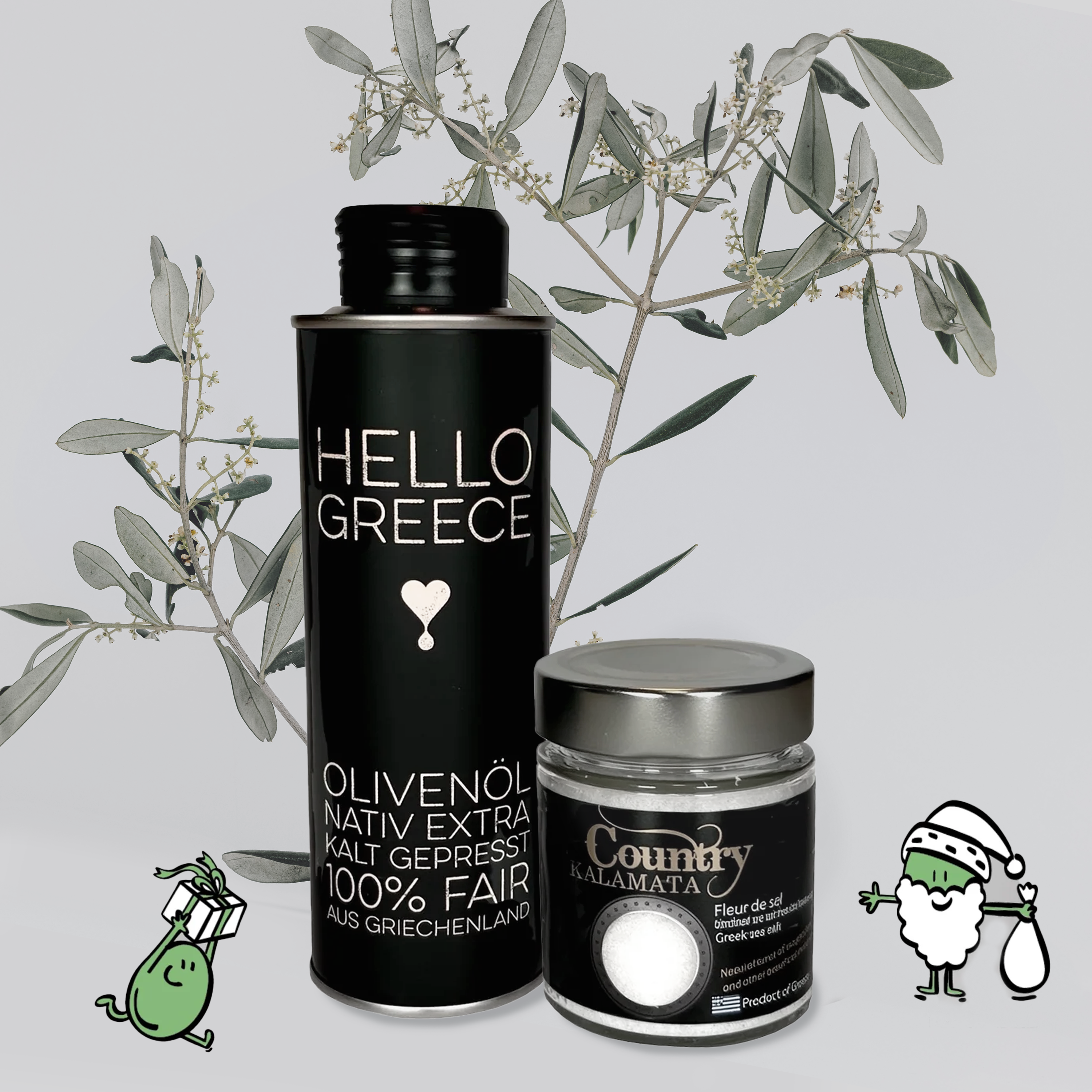Hello Greece Geschenkbox: 0,25L Dose Olivenöl und Meersalz
